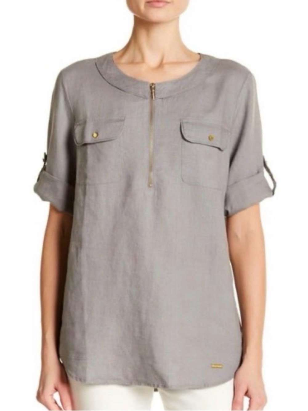 100% Linen Ellen Tracy Light Gray Half-Zip Roll-Sleeve Blouse Sz L Gold Accents